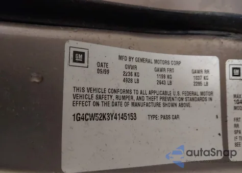 2000 Buick Park Avenue z USA, uszkodzony, nr VIN 1G4CW52K3Y4145153